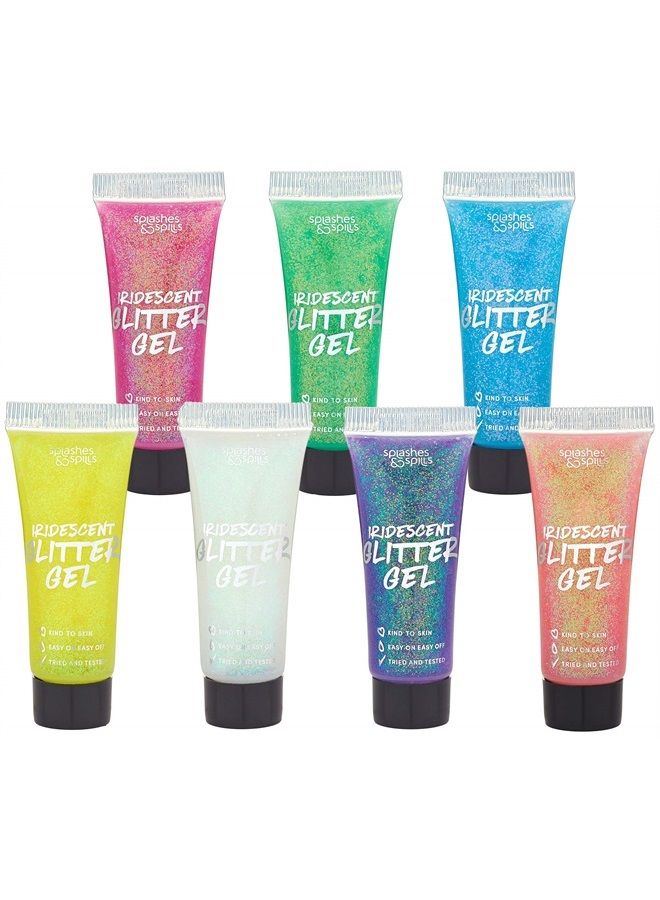 Splashes & Spills Iridescent Glitter Body Paint Gel - 7 Color Cosmetic Set 10 ml Tubes Shimmer for Hair, Body, Face - Great for Dress Up, Festival, Costume Party, Halloween - by Splashes and Spills - Image 1