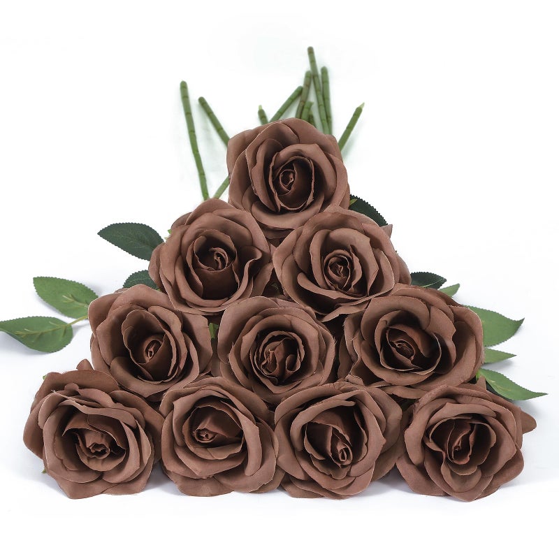 DuHouse 10pcs Fake Roses Artificial Silk Flowers Long Stems Bouquet for Arrangement Wedding Centerpiece Party Home Kitchen Decor(Mocha Brown) - Image 1