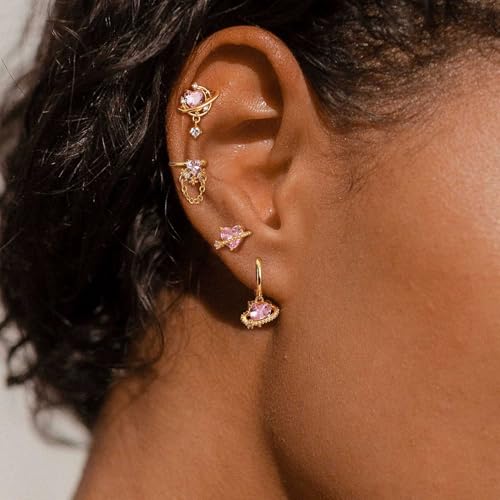 Krfy 4 Pcs Dainty 14K Gold Plated Earrings for Women - Sterling Silver Post Hypoallergenic Cartilage Earrings for Women Pink Universe Heart Ear Cuff Hoop Earring Sets for Multiple Piercing - Image 5
