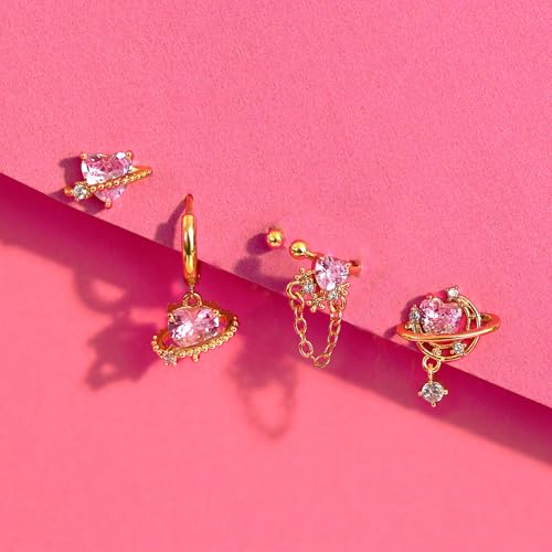 Krfy 4 Pcs Dainty 14K Gold Plated Earrings for Women - Sterling Silver Post Hypoallergenic Cartilage Earrings for Women Pink Universe Heart Ear Cuff Hoop Earring Sets for Multiple Piercing - Image 4