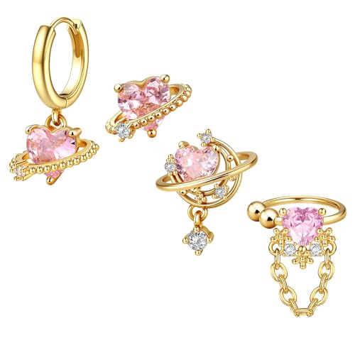 Krfy 4 Pcs Dainty 14K Gold Plated Earrings for Women - Sterling Silver Post Hypoallergenic Cartilage Earrings for Women Pink Universe Heart Ear Cuff Hoop Earring Sets for Multiple Piercing - Image 3