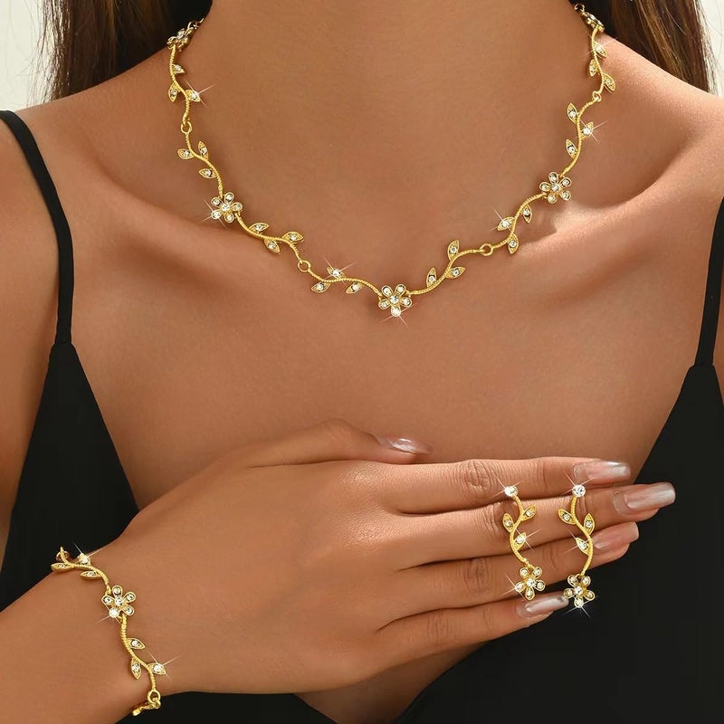 Hapibuy Crystal Necklace Earrings Bracelet Bridal Wedding Jewelry Set Rhinestone Choker Necklace For Women Brides Gold Color - Image 3