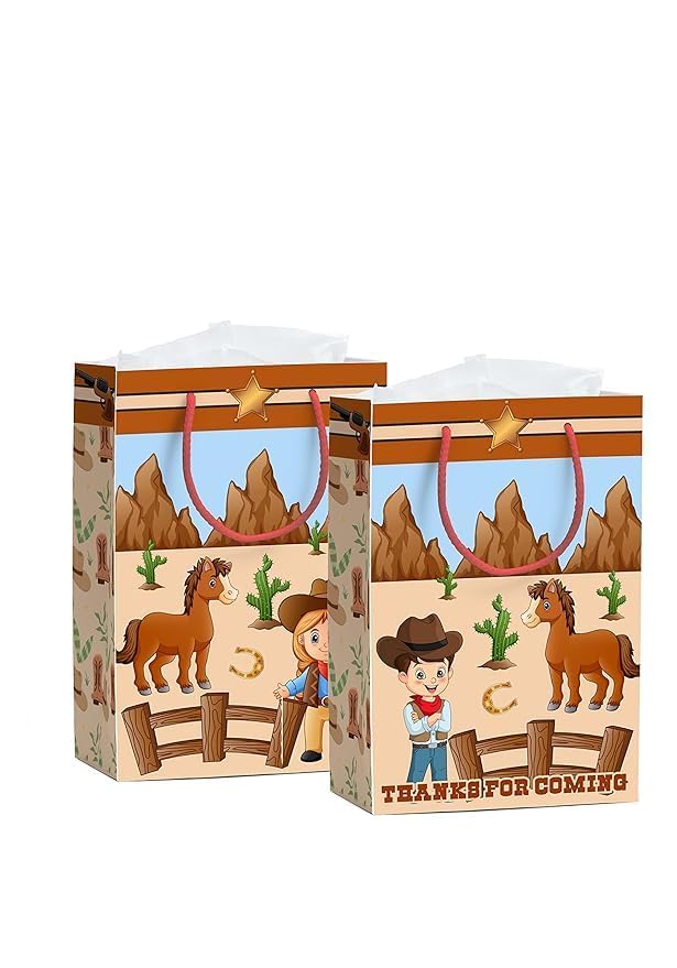 Pack of 16 Cowboy theme Return Gift Paper Bags|Made in India|Cowboy Print carry bag for giveaways (14.2x10.2x5 inch)