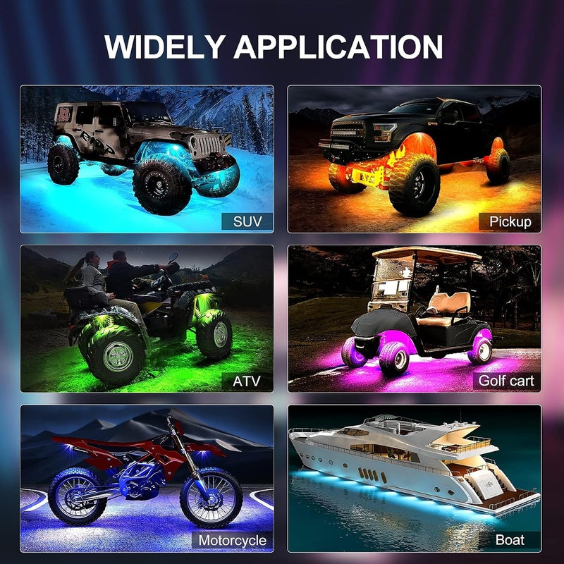 YiLaie RGB LED Rock Lights Truck Chassis Lights RGB LED Lights with APP/Remote Control and Music Mode, IP68 Waterproof Neon Lights High Brightness and Multicolor for RZR Off-Road Pickups SUV ATV UTV Cars Extra part combo compatible - Image 4