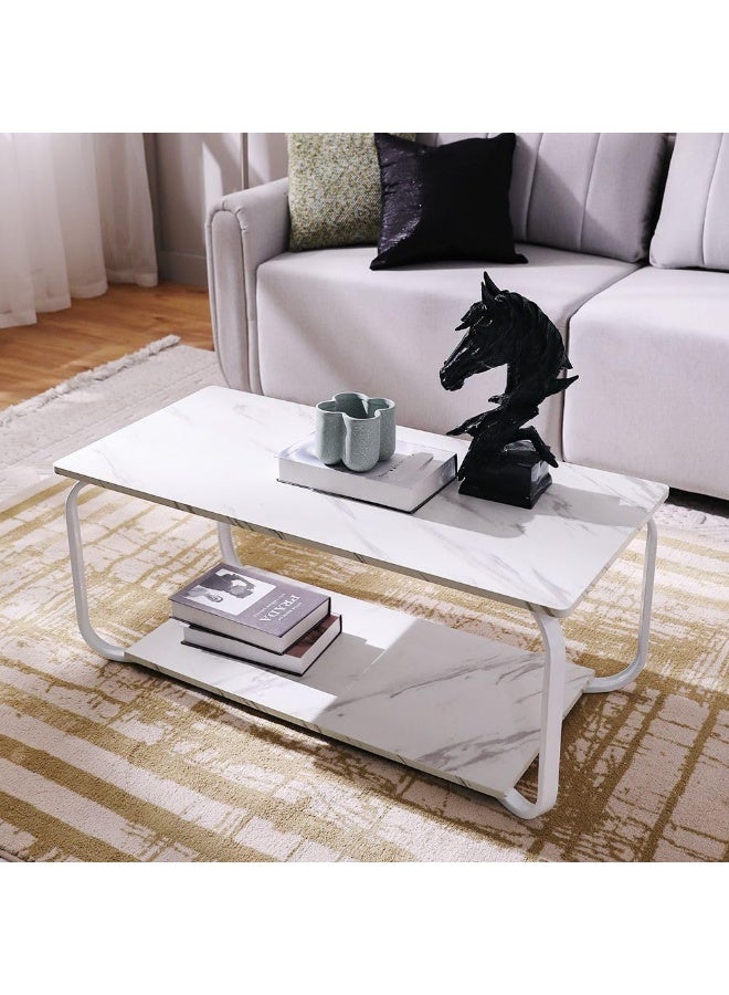 DubaiGallery Modern Home Coffee Table with Marble Effect Surface and Storage Shelf, Durable Metal Frame, Rectangular Center Table Designed for Living Room, Office and Stylish Interiors - Image 1