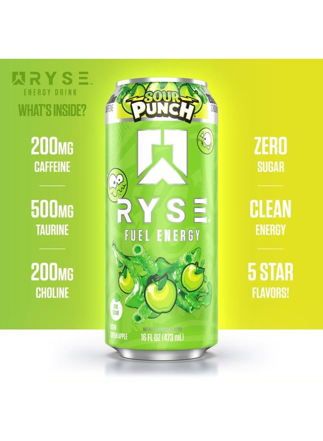 RYSE Up Supplements Fuel Sugar Free Energy Drink | Vegan Friendly, Gluten Free | No Fillers & No Artificial Colors | 5 Calories | 200mg Natural Caffeine | 12 Pack (Sour Punch Green Apple) - Image 5