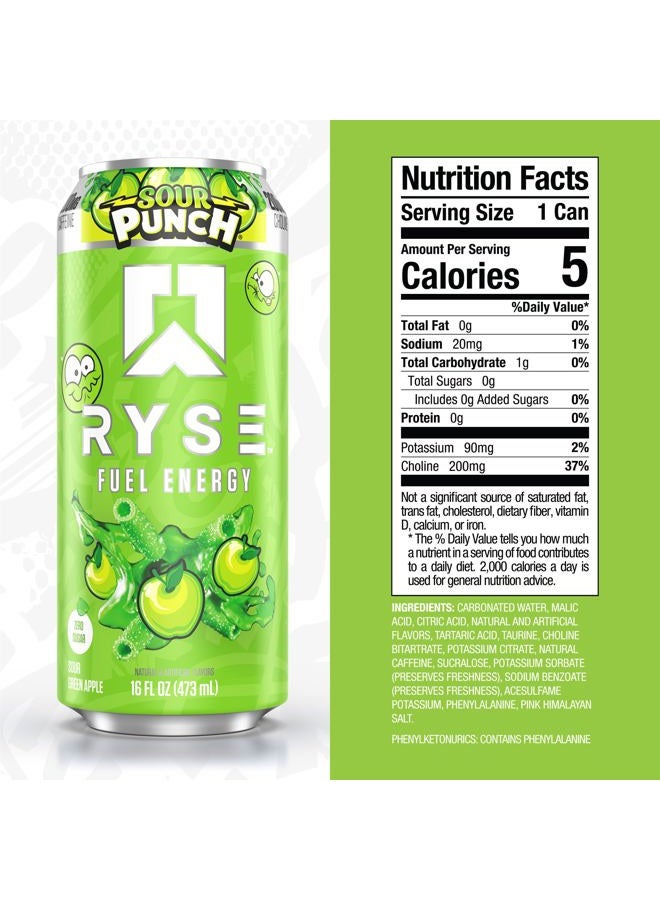 RYSE Up Supplements Fuel Sugar Free Energy Drink | Vegan Friendly, Gluten Free | No Fillers & No Artificial Colors | 5 Calories | 200mg Natural Caffeine | 12 Pack (Sour Punch Green Apple) - Image 2