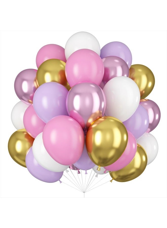 Isndare Balloons Purple Pink White Gold Balloon 60pcs 12inch Pastel Purple Pink Latex Balloons Lavender Lilac Balloons for Butterfly Birthday Princess Theme Party Decoration Bridal Shower Bachelorette - Image 1