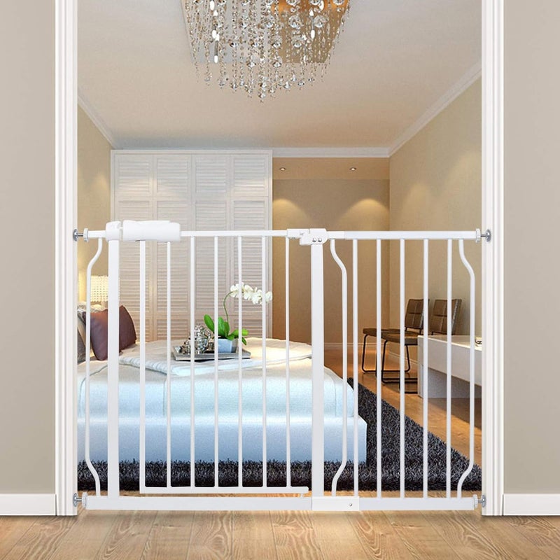 COSEND Extra Wide Baby Gate Tension Indoor Safety Gates White Metal Large Pressure Mounted Pet Gate Walk Through Long Safety Dog Gate for The House Doorways Stairs 43314803110122CM White 