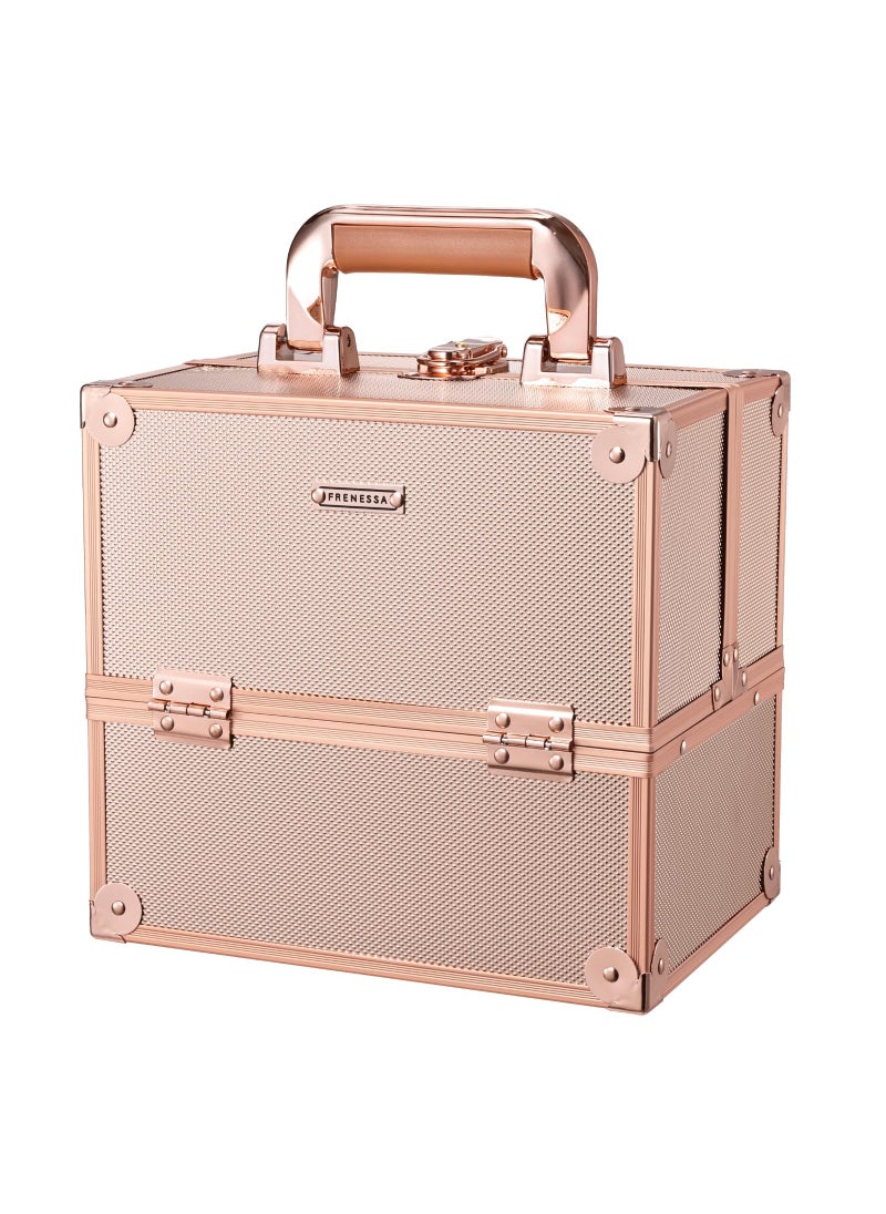 FRENESSA - FRENESSA Makeup Train Case 10 Inch Travel Beauty Cosmetic Box Professional 4-trays Jewelry Storage Organizer with Lockable Portable for Women and Girls - Rose Gold - Image 1
