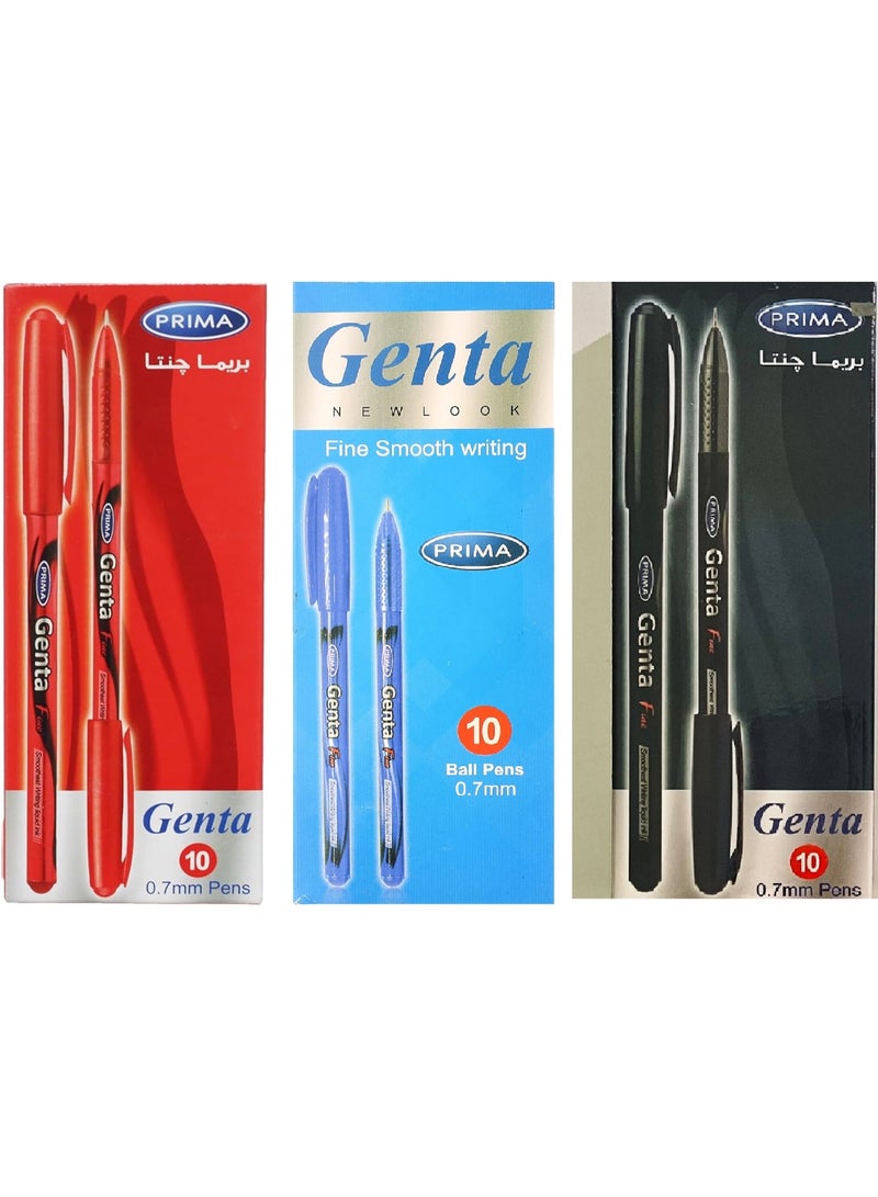بريما قلم حبر جاف بريما جينتا، كتابة سلسة ودقيقة، حبر سائل 0.7 مم، عبوة من 10 أقلام - أزرق، أسود، وأحمر (عبوة من 3 علبه). - Image 1