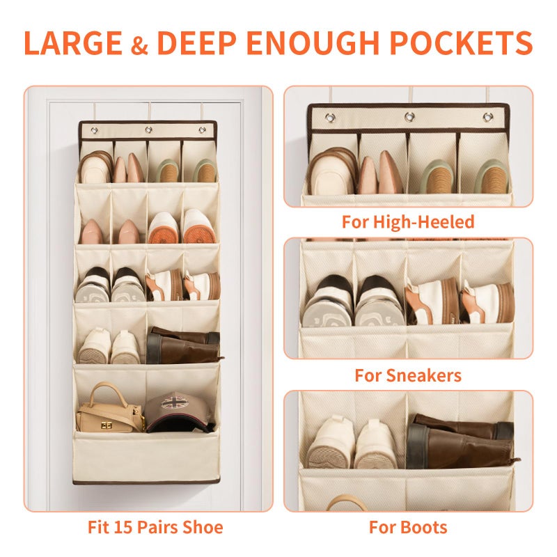 FENTEC 1 Pack Over the Door Shoe Organizers, Hanging Shoe Organizer with Large Deep Pocket Shoe Holder for Closet Shoes Rack for Wall, Over Door Shoe Storage Hold up to 18 Pairs Shoes, Beige - Image 3