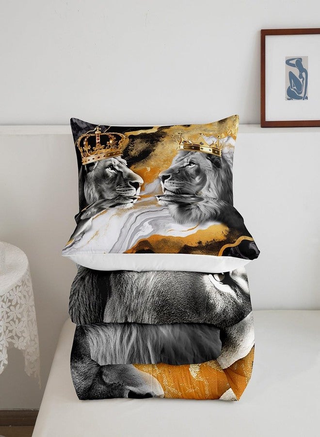 Homewish Lion Couple Full Size Comforter Set,African Tropical Wild Animal Bedding Comforters Bedroom Collection,Crown Decor Gold Black Marble Print Bedding Set for Girls Teens - Image 5