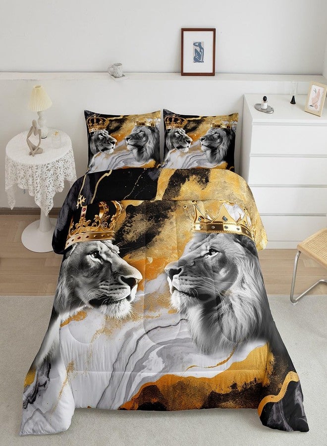 Homewish Lion Couple Full Size Comforter Set,African Tropical Wild Animal Bedding Comforters Bedroom Collection,Crown Decor Gold Black Marble Print Bedding Set for Girls Teens - Image 1