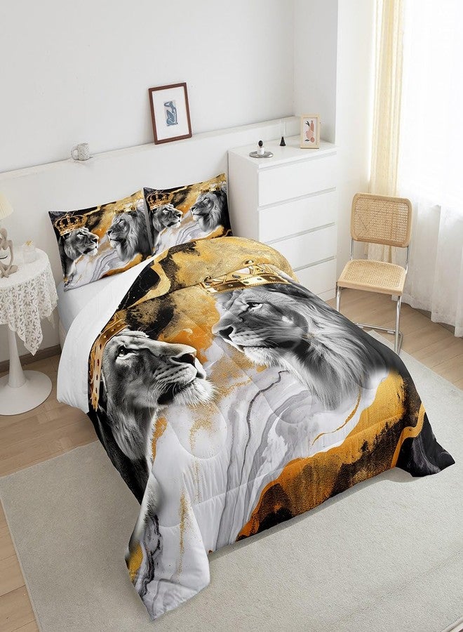 Homewish Lion Couple Full Size Comforter Set,African Tropical Wild Animal Bedding Comforters Bedroom Collection,Crown Decor Gold Black Marble Print Bedding Set for Girls Teens - Image 2