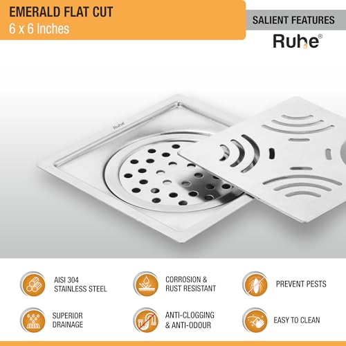 Ruhe® Emerald Square Flat Cut 304-Grade Stainless Steel Floor Drain with Cockroach Trap (6 x 6 Inches) | Floor Drainer for Bathroom, Balcony - Image 4