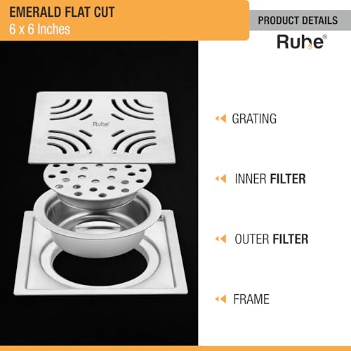 Ruhe® Emerald Square Flat Cut 304-Grade Stainless Steel Floor Drain with Cockroach Trap (6 x 6 Inches) | Floor Drainer for Bathroom, Balcony - Image 3