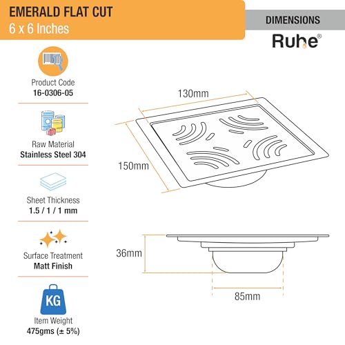 Ruhe® Emerald Square Flat Cut 304-Grade Stainless Steel Floor Drain with Cockroach Trap (6 x 6 Inches) | Floor Drainer for Bathroom, Balcony - Image 2