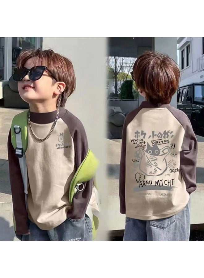 Boys' Thermal Base Layer Shirt For Autumn And Winter, New Style For Older Children, Half-high Collar, Color-blocked Long-sleeve Cartoon Top For Toddlers