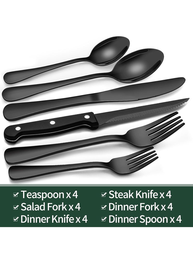 كيلا طقم أدوات مائدة فضية مكون من 24 قطعة مع سكاكين شرائح اللحم، مصنوع من الفولاذ المقاوم للصدأ الآمن غذائيًا، طقم أدوات مائدة لأربعة أشخاص، أدوات مائدة مصقولة بلمسة نهائية عاكسة، مناسب للمنزل والمطعم، لون أسود - Image 5