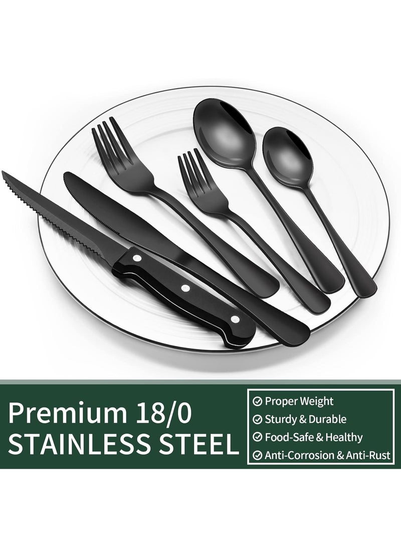 كيلا طقم أدوات مائدة فضية مكون من 24 قطعة مع سكاكين شرائح اللحم، مصنوع من الفولاذ المقاوم للصدأ الآمن غذائيًا، طقم أدوات مائدة لأربعة أشخاص، أدوات مائدة مصقولة بلمسة نهائية عاكسة، مناسب للمنزل والمطعم، لون أسود - Image 4