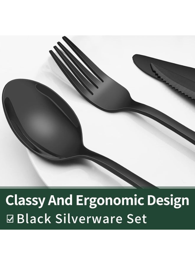 كيلا طقم أدوات مائدة فضية مكون من 24 قطعة مع سكاكين شرائح اللحم، مصنوع من الفولاذ المقاوم للصدأ الآمن غذائيًا، طقم أدوات مائدة لأربعة أشخاص، أدوات مائدة مصقولة بلمسة نهائية عاكسة، مناسب للمنزل والمطعم، لون أسود - Image 2