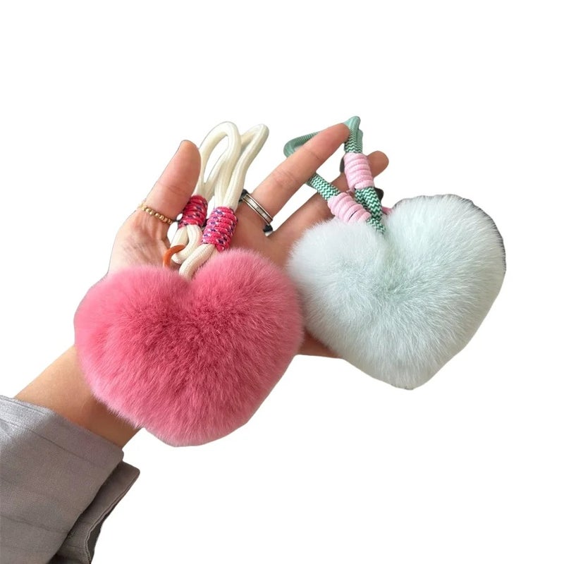 Y&D Phone Pendant Soft Fluffy Heart Charm Keychain Bag Pendant Cute Pompom Toy Plush Doll Fashion Car Key Ring Valentines Day Gift - Image 2