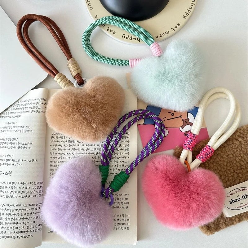 Y&D Phone Pendant Soft Fluffy Heart Charm Keychain Bag Pendant Cute Pompom Toy Plush Doll Fashion Car Key Ring Valentines Day Gift - Image 3