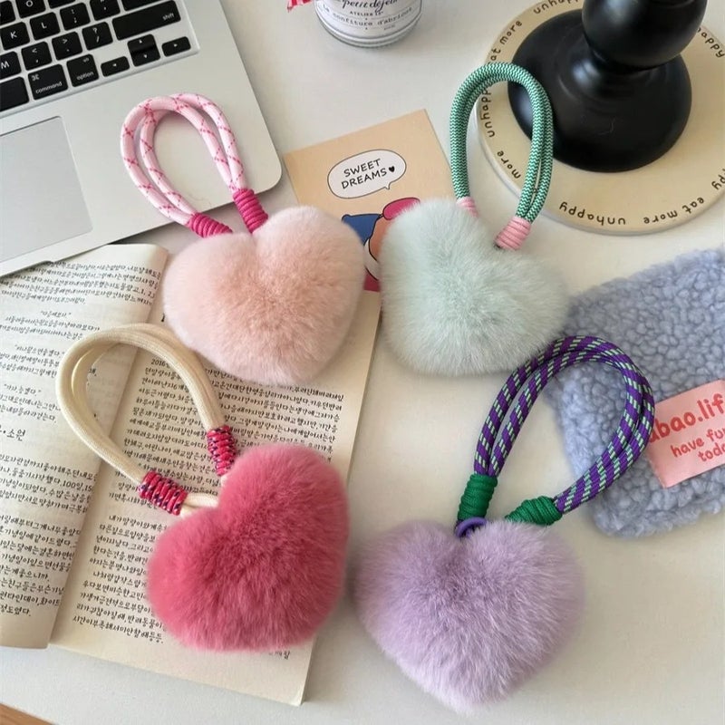 Y&D Phone Pendant Soft Fluffy Heart Charm Keychain Bag Pendant Cute Pompom Toy Plush Doll Fashion Car Key Ring Valentines Day Gift - Image 4