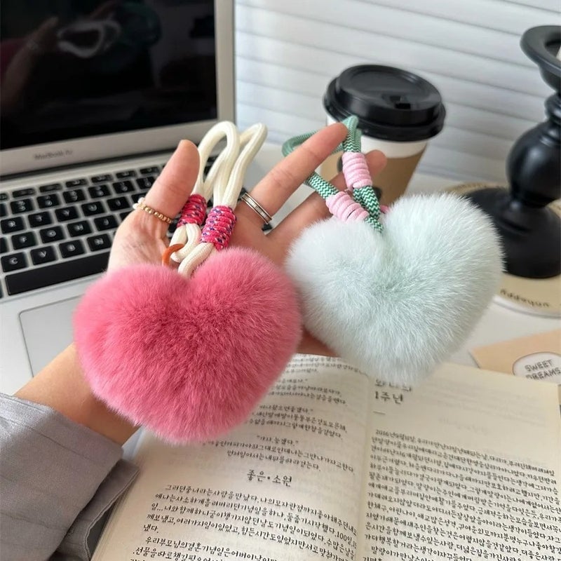 Y&D Phone Pendant Soft Fluffy Heart Charm Keychain Bag Pendant Cute Pompom Toy Plush Doll Fashion Car Key Ring Valentines Day Gift - Image 5