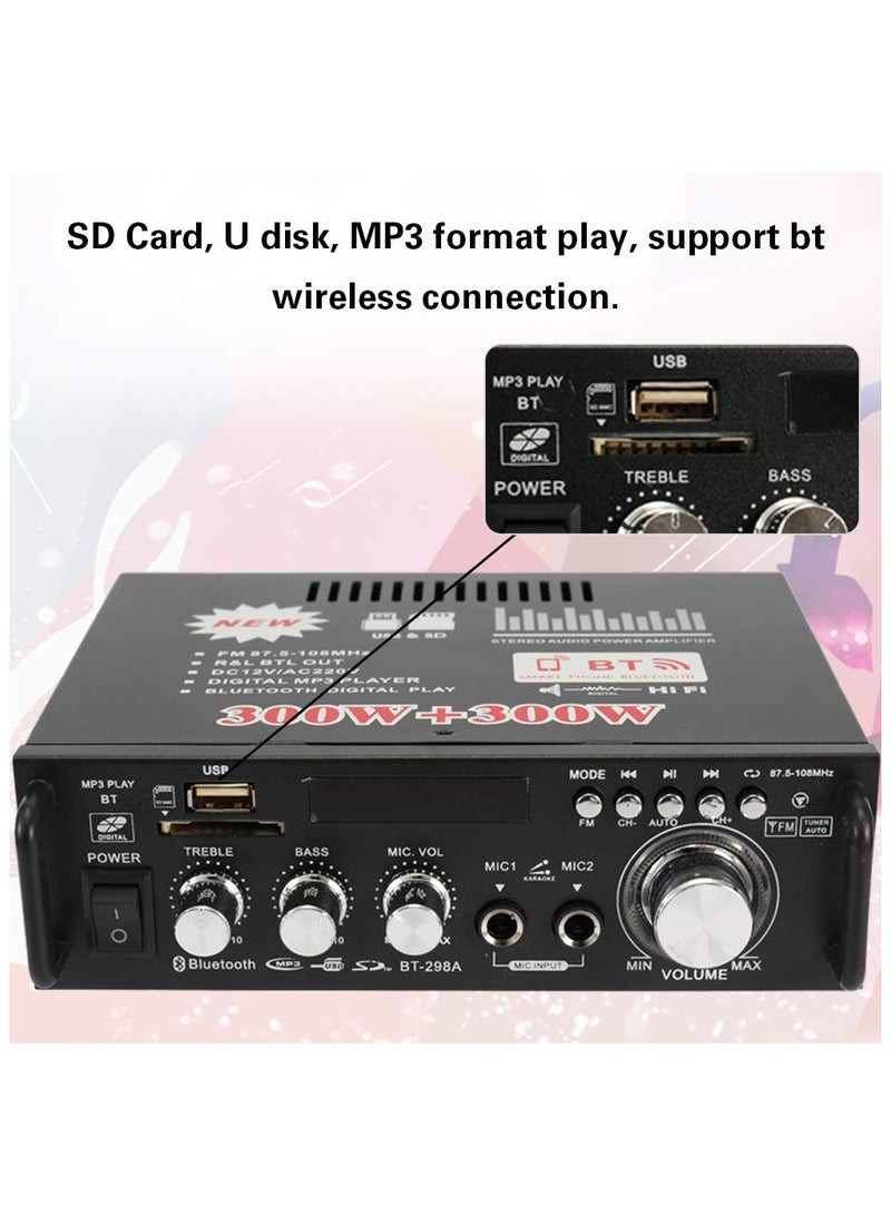 12V/220V Mini BT LCD Display HIFI Audio Stereo Power Amplifier Portable Car Home FM Radio Audio Amplifier (Black) - Image 2