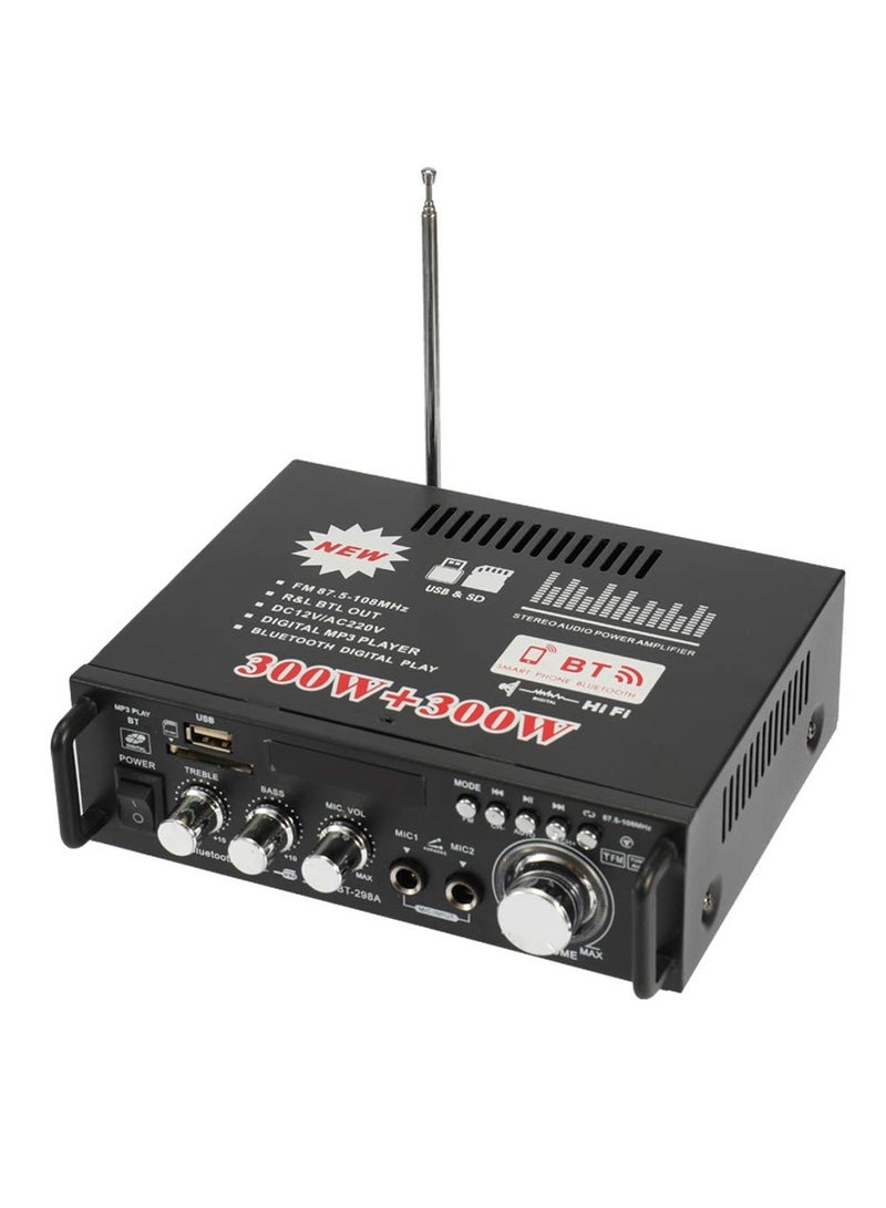 12V/220V Mini BT LCD Display HIFI Audio Stereo Power Amplifier Portable Car Home FM Radio Audio Amplifier (Black) - Image 1