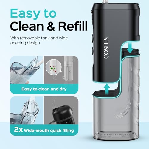 COSLUS Mini Water Flosser for Travel: Portable Compact Design, Cordless Oral Irrigator with 4 Modes, Removable Tank, IPX7 Waterproof for Braces, Orthodontic, Sensitive Teeth On-The-Go Use, Black, T40 - Image 5