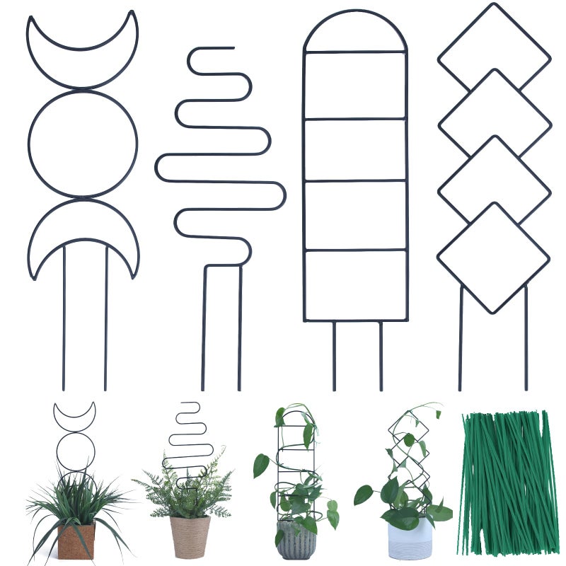 Wellsign Indoor Plant Trellis for Climbing Plants, 16inch Small Garden Metal Trellis for Potted Plants Outdoor with Different Patterns for Vine Ivy Flower Plant Support 4 Pack - Image 1