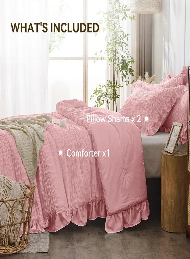 جولي فوغ طقم لحاف وردي من جولي فوغ، مقاس كامل، مكون من 3 قطع، مصنوع من قماش السيرسيكر الخفيف، مناسب لجميع الفصول، مصنوع من الألياف الدقيقة الناعمة، يتضمن لحافًا واحدًا مكشكشًا و2 غطاء وسادة مكشكشًا. - Image 5