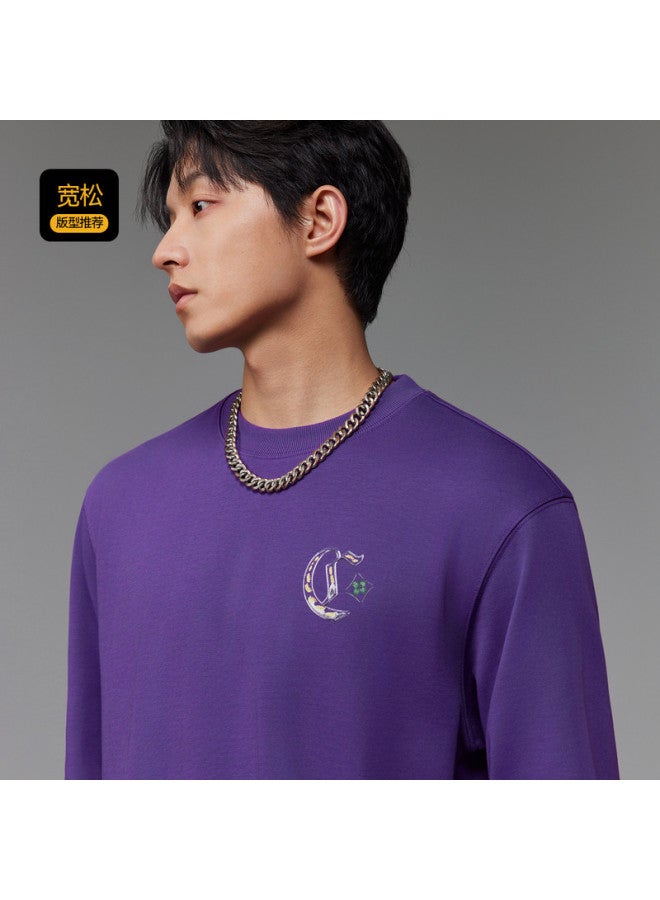 Cabbeen G Heavyweight Plain Weave] Men's T-shirt, National Trend Window Flower Element, Comfortable And Breathable Winter Long Sleeve T-shirt - Image 4