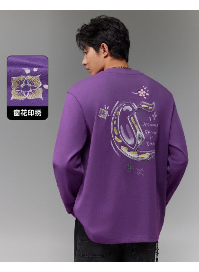 Cabbeen G Heavyweight Plain Weave] Men's T-shirt, National Trend Window Flower Element, Comfortable And Breathable Winter Long Sleeve T-shirt - Image 1