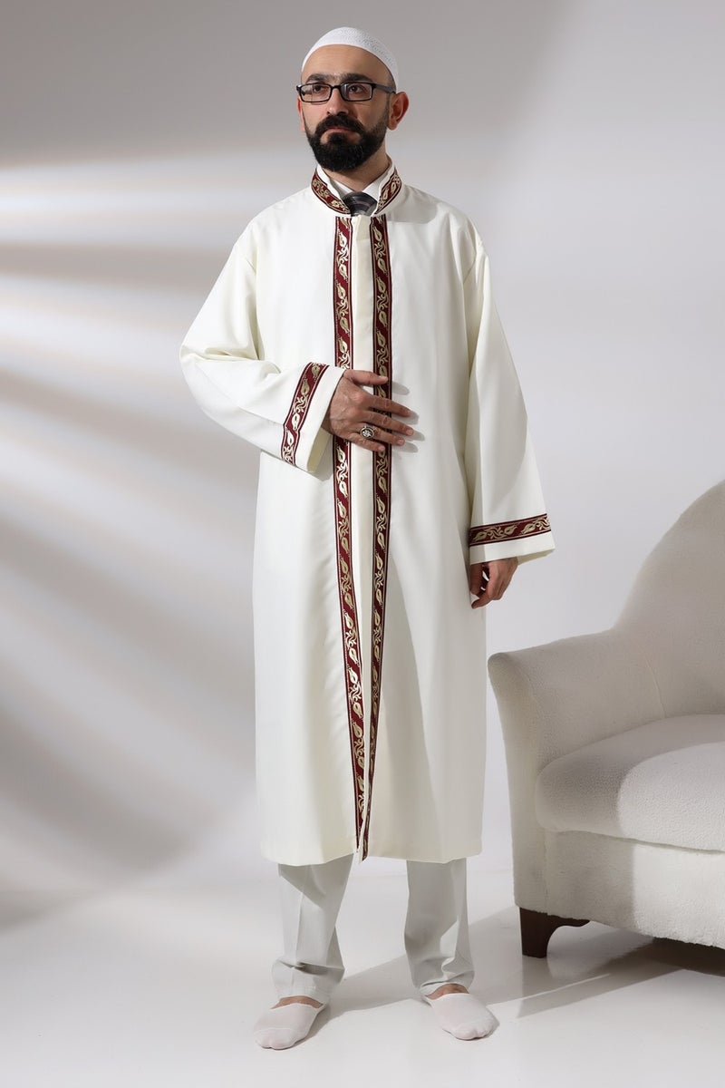 ihvanonline Cream Men's Prayer Dress Burgundy Pattern Embroidered Judge Collar Imam Robe  - Image 1