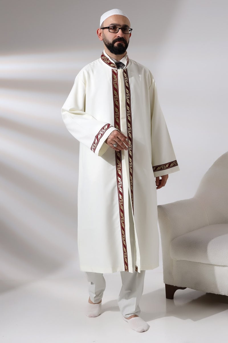 ihvanonline Cream Men's Prayer Dress Burgundy Pattern Embroidered Judge Collar Imam Robe  - Image 2