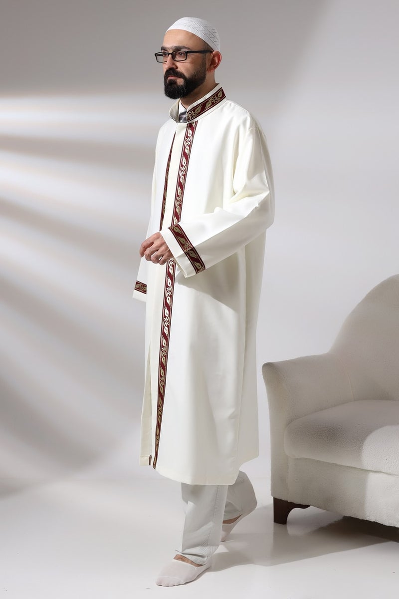 ihvanonline Cream Men's Prayer Dress Burgundy Pattern Embroidered Judge Collar Imam Robe  - Image 3