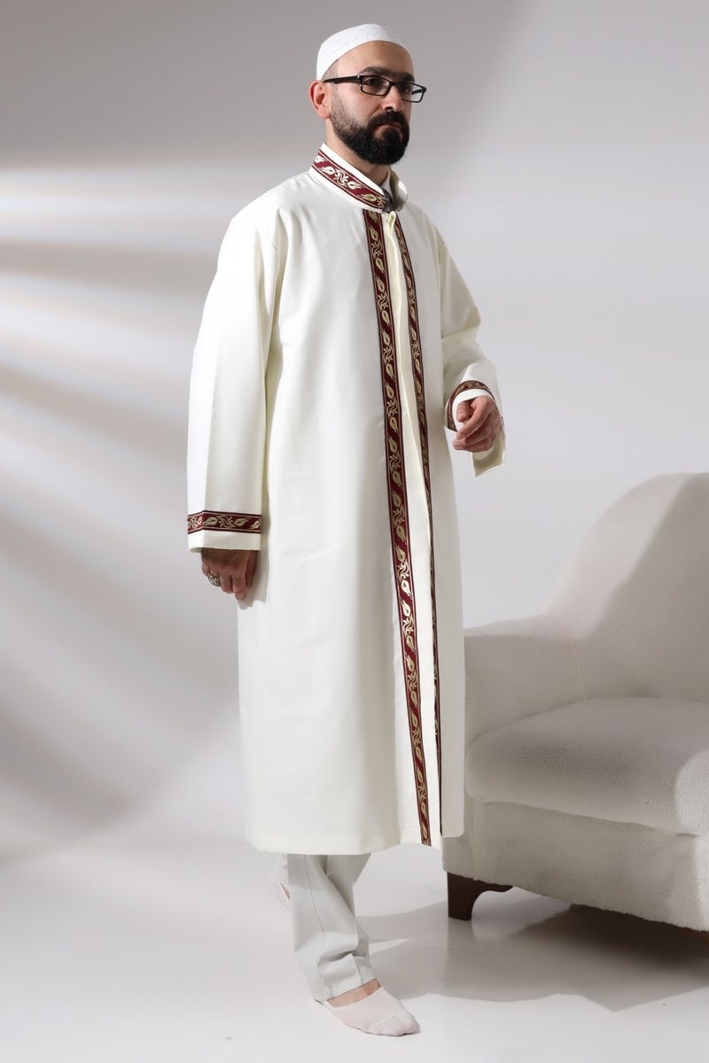 ihvanonline Cream Men's Prayer Dress Burgundy Pattern Embroidered Judge Collar Imam Robe  - Image 4
