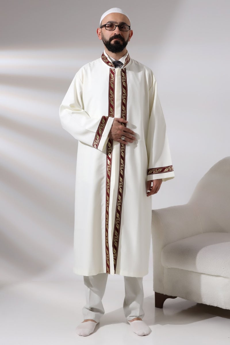 ihvanonline Cream Men's Prayer Dress Burgundy Pattern Embroidered Judge Collar Imam Robe  - Image 5