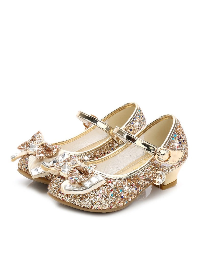 Girls' Small High-heeled Leather Princess Shoes with Sequined Upper and Bow Children's Dance shoes - Image 1