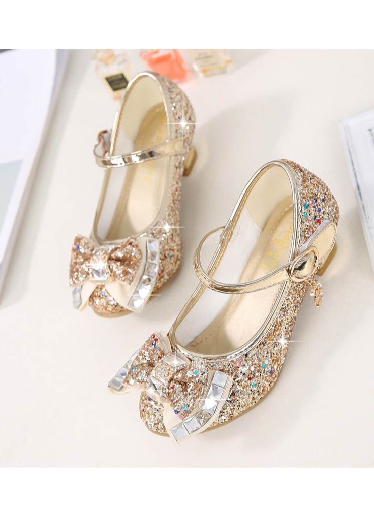 Girls' Small High-heeled Leather Princess Shoes with Sequined Upper and Bow Children's Dance shoes - Image 2