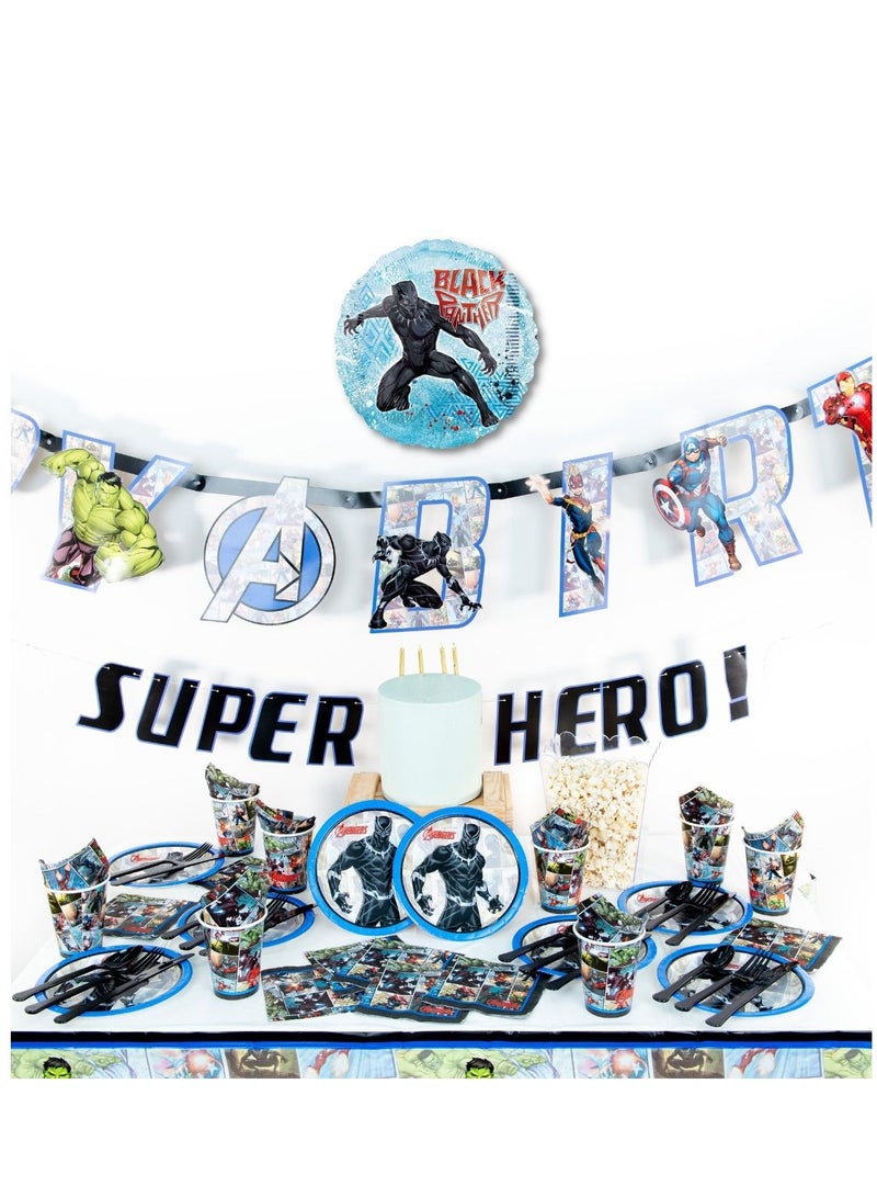 Amscan Black Panther, 59 Piece Tableware Supplies, Includes Napkins, Plates, Cups, Cutlery, Tablecover, Banner And Balloon For 8 Guests - Image 1