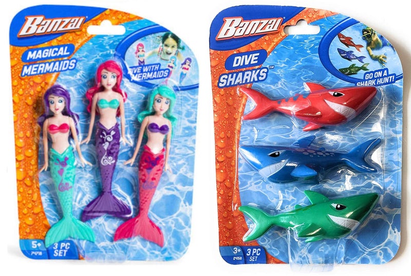 Banzai 3 Piece Magical Mermaid Dolls and 3 Piece Dive Sharks Pool Toys Bundle Set of Pool Toys - Image 1