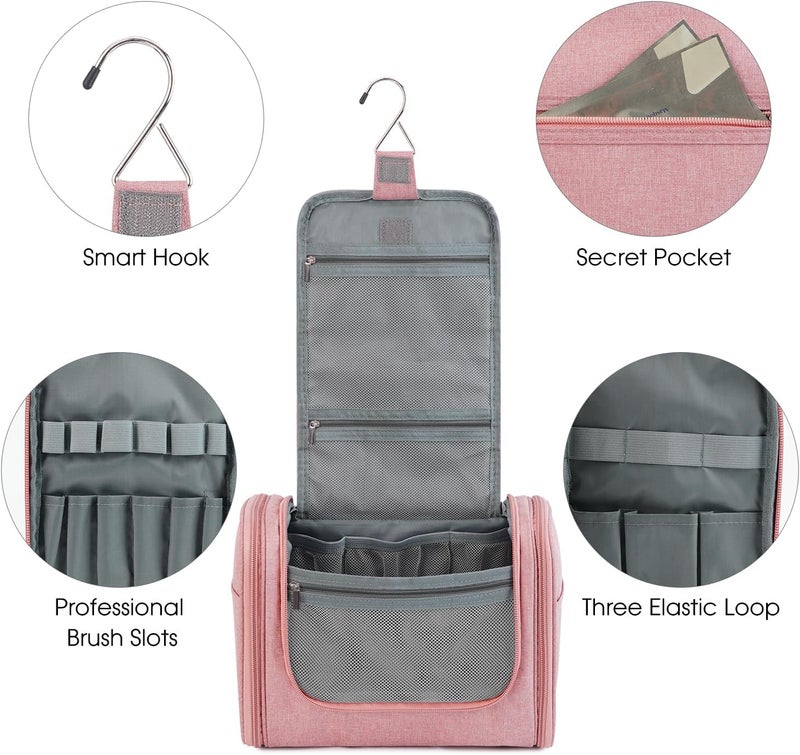 WANDF Large Hanging Toiletry Bag Travel Cosmetic Makeup Organizer Water-Resistant Shower Bathroom Bag for Women and Men (Dark Pink) - Image 3