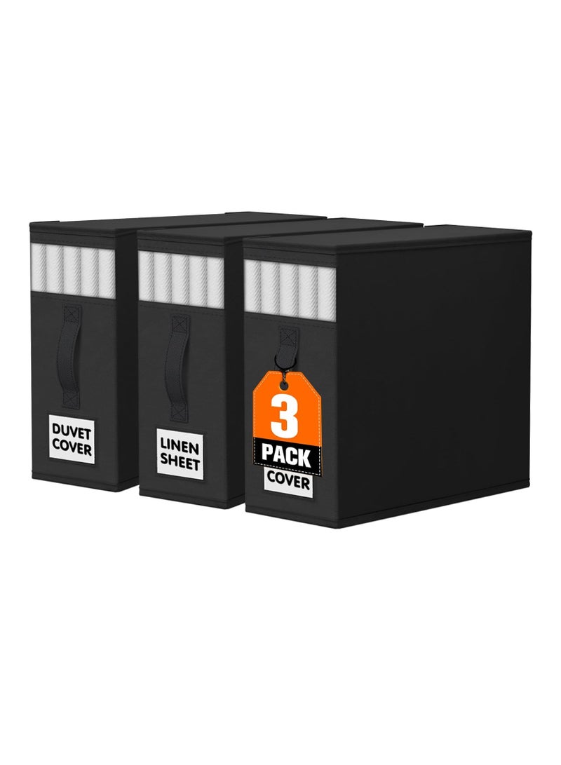 3pcs Bed Sheet Organizers Foldable Bedding Organizer Closet Organizers with Window and Label Bedding Storage Box for Bed Sheets, Duvet Covers and Pillowcases（Black）  - Image 1