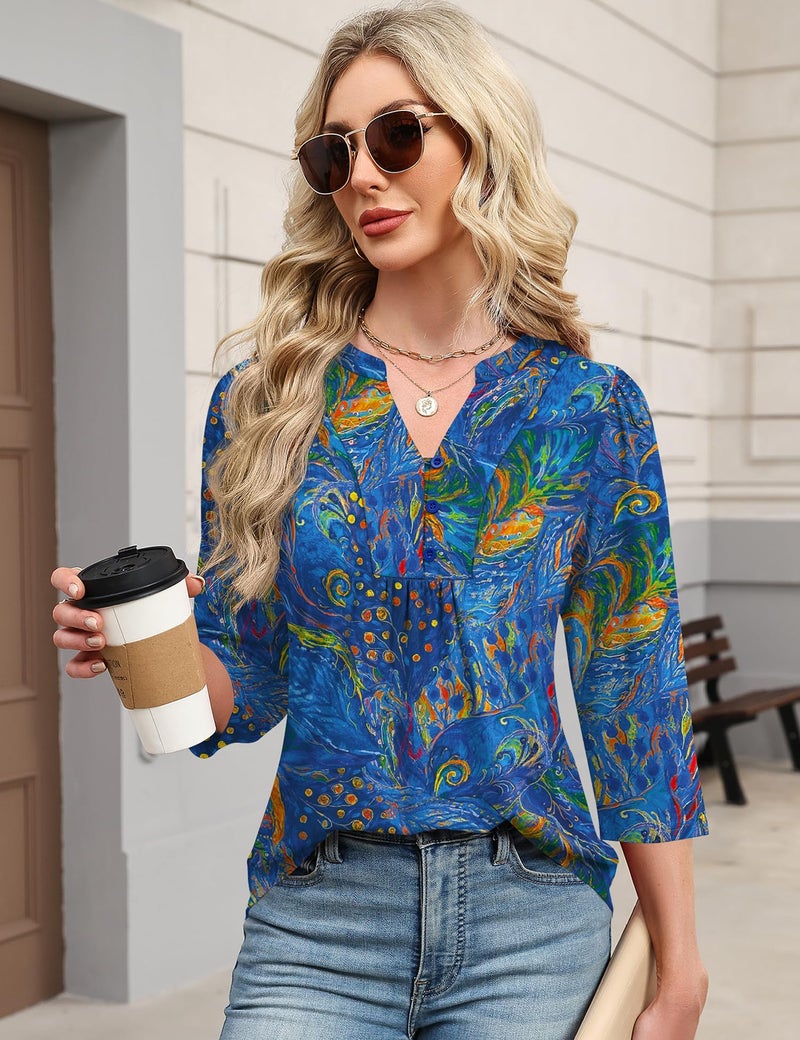 IECCP Spring Tops for Women 2026 Puff Sleeve Dressy Casual Blouse Henley V-Neck Pleated Shirts Soft Basic Tees Loose Fit Tunic Blouses (Blue Peacock,XL) - Image 4