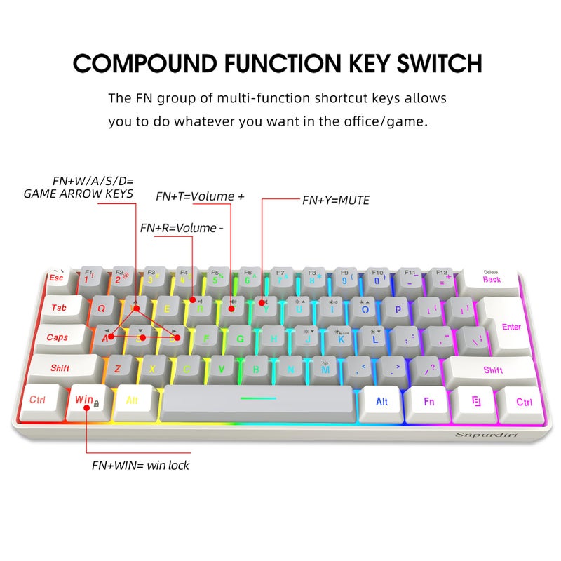 Snpurdiri 60% Wired Gaming Keyboard, SmallUltra-Compact 61 Keys RGB Backlit 60 Percent Gaming Keyboard for PC/Mac Gamer, Typist, Travel, Easy to Carry on Business Trip(White-Grey) - Image 4